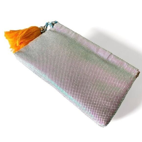 NWT BCBGeneration Silver Chainmail Clutch Metallic Orange Tassel Small Party - Picture 4 of 8